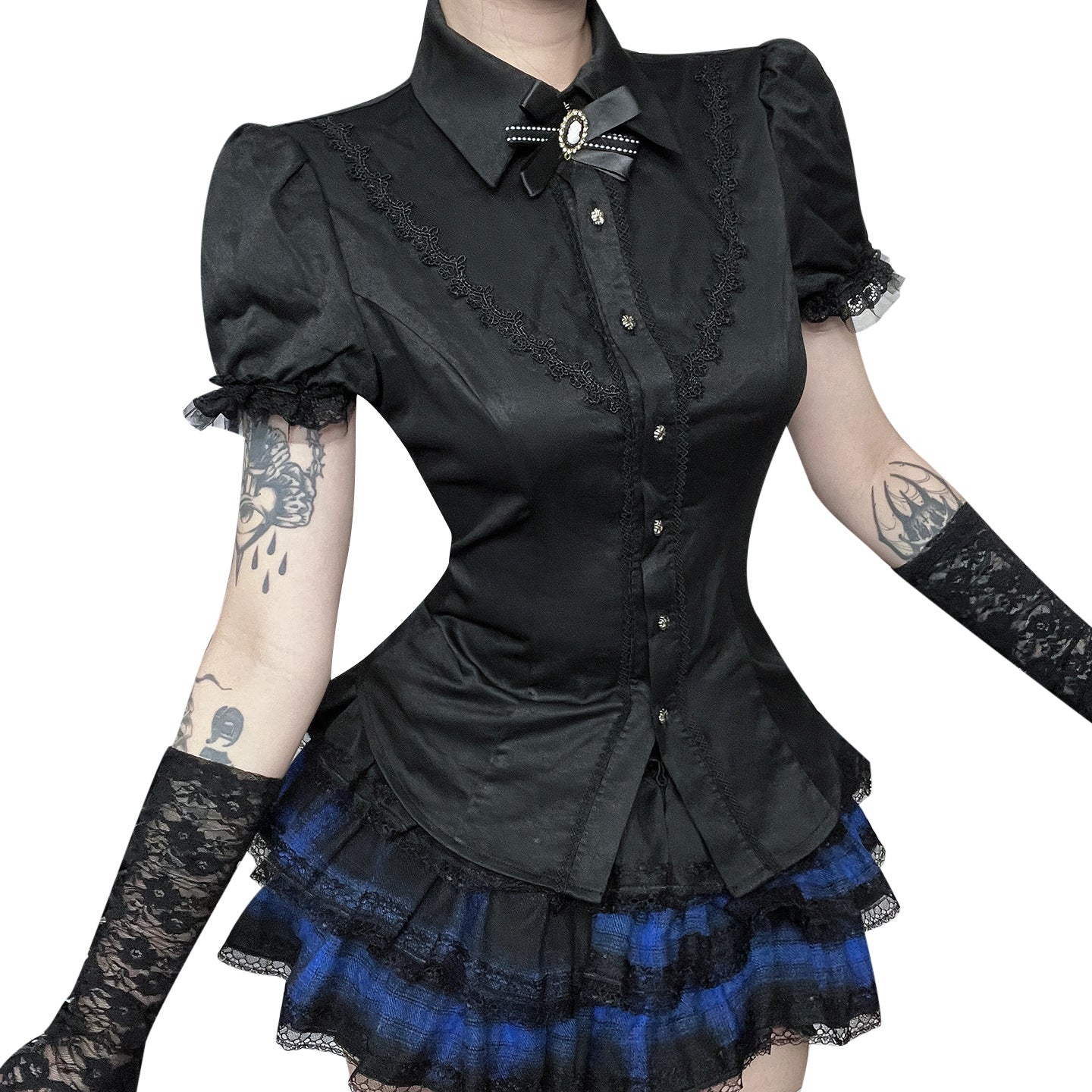 Vintage Lace Trim Black Shirt for Street Style