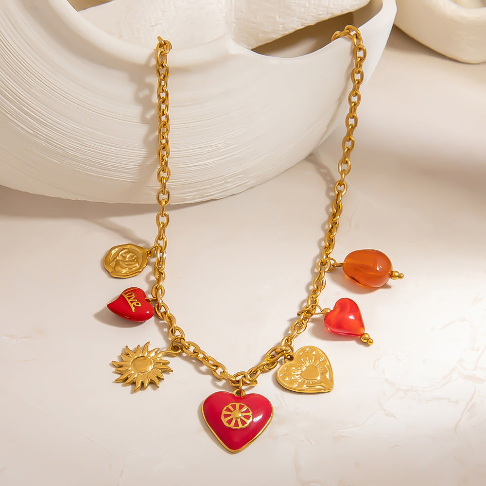 Heart Sun Pendant Stainless Steel Necklace Elegant Locking Clavicle Chain