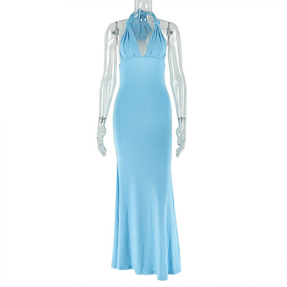 Elegant Solid Color Bodycon Dress With V-Neck Backless Design