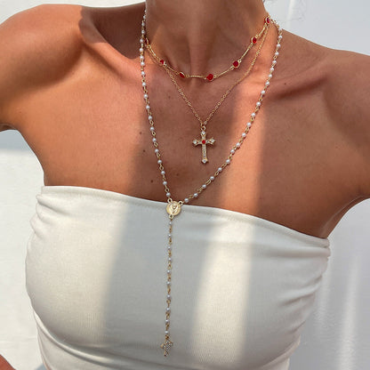Hip Hop Cross Pendant Necklace With Imitation Pearl Chain
