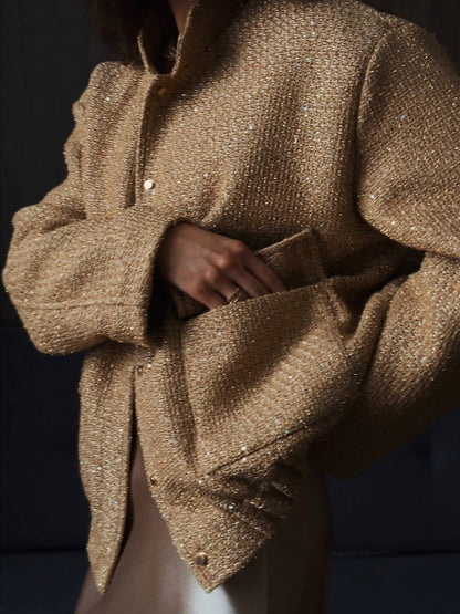 Sequin Detail Stand Collar Jacket Stylish Casual Outerwear