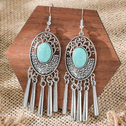 Bohemian Style Turquoise Earrings Set Oval Tassel Dangle Jewelry