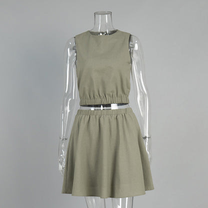 Casual Pleated Skirt Set Sleeveless Cotton Linen Outfit