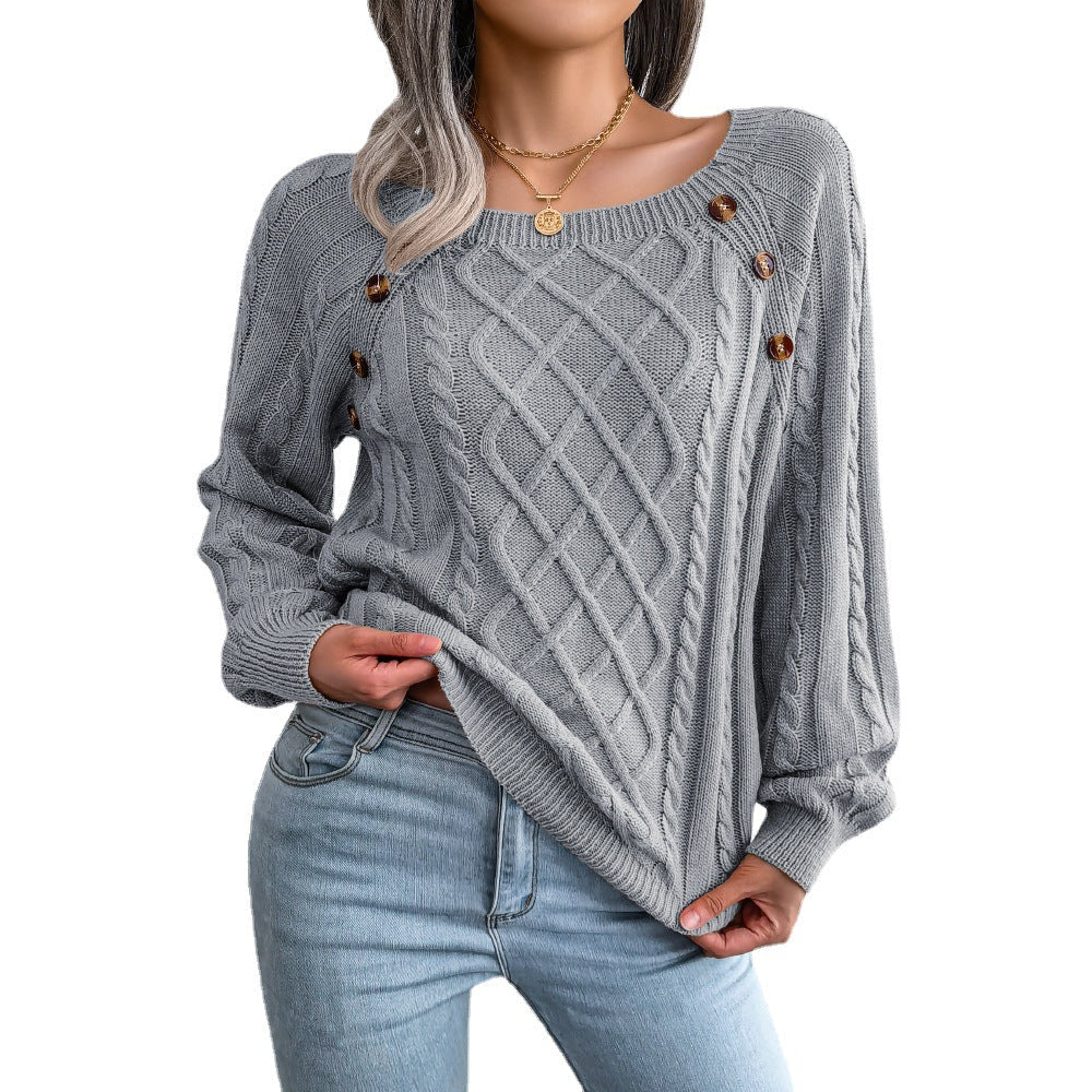 2025 Autumn And Winter Casual Square Collar Nail Button Twist Knitted Pullover Sweater
