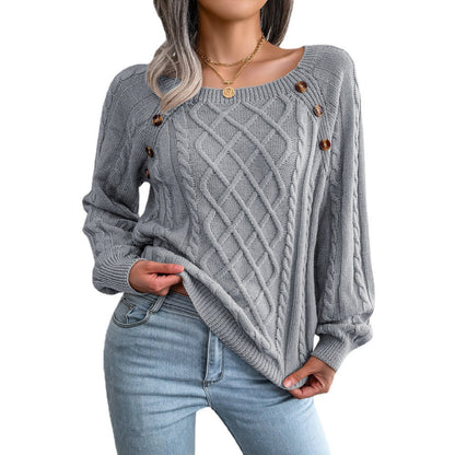 2025 Autumn And Winter Casual Square Collar Nail Button Twist Knitted Pullover Sweater