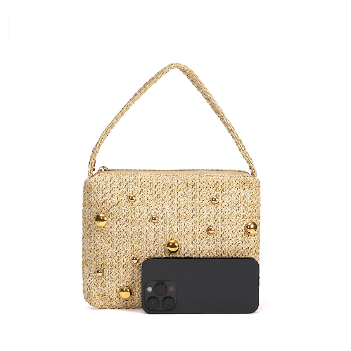 Trendy Rivet Bead Straw Evening Clutch Handbag