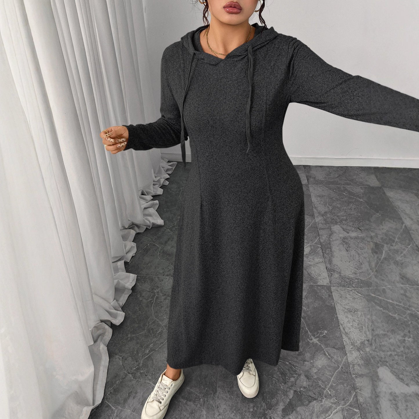 Hooded Gray Dress Elegant Long Sleeve A-Line Dress