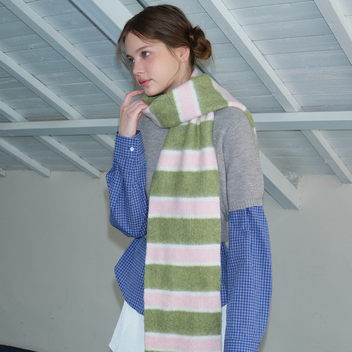 Striped Wool Blend Scarf Soft Cozy Neck Warmer