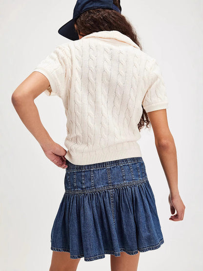 High-Waisted A-Line Casual Denim Pleated Skirt