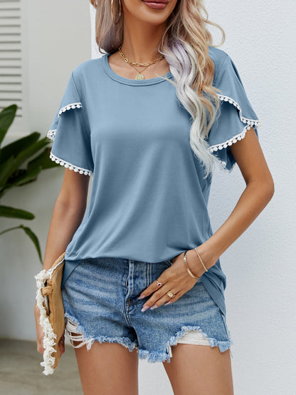 Summer New Round Neck Fringed Tulip Sleeve T-Shirt Casual Top Woman