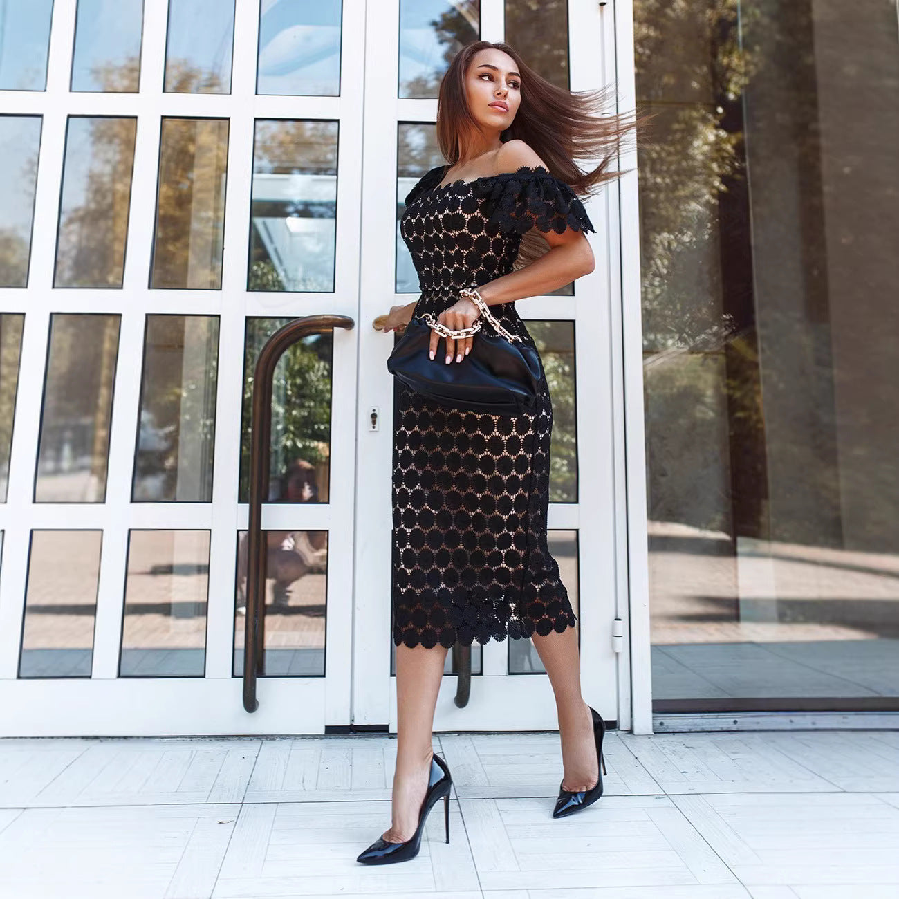 Fashionable Lace Elegant Midi Dress Pink