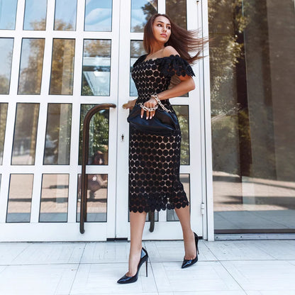 Fashionable Lace Elegant Midi Dress Pink
