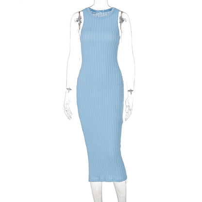 Casual Sleeveless Knitted Dress with Round Neck in Sky Blue