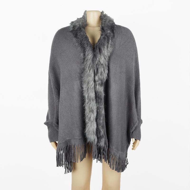 Tassel Cloak Shawl Wool Collar Cloak Solid Color Cardigan Sweater