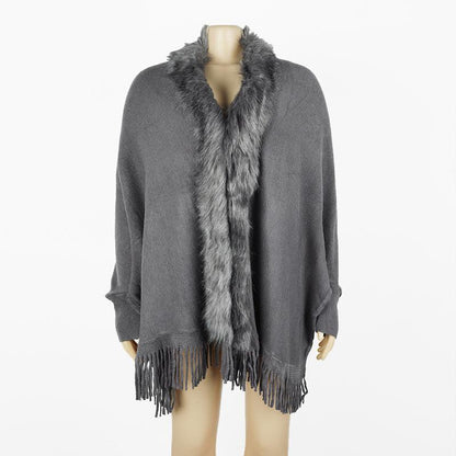 Tassel Cloak Shawl Wool Collar Cloak Solid Color Cardigan Sweater