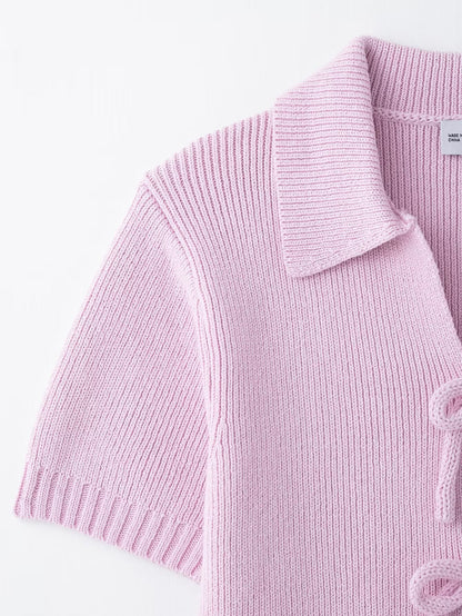 Sweet String Front Short Sleeves Knit Tops