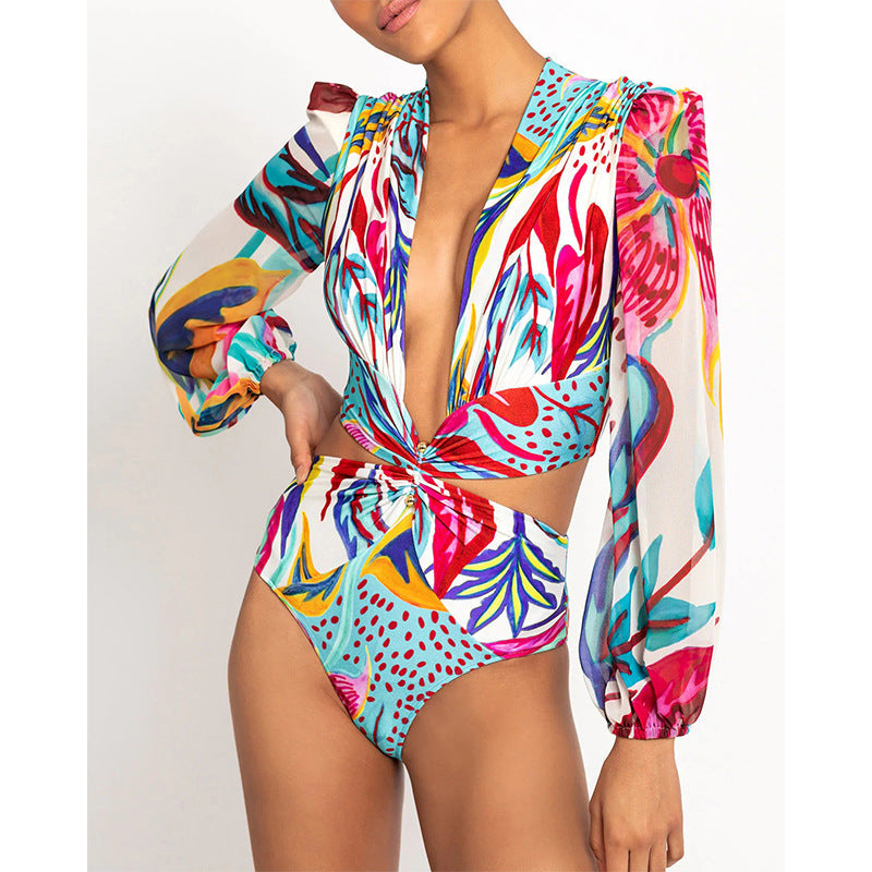 One-Piece Long-Sleeved Bikini Deep V High-Waist Openwork Swimsuit Woman