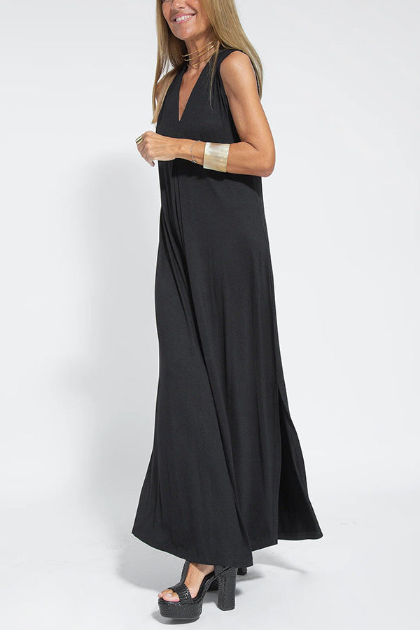 Solid Color V-Neck Maxi Dress and Cardigan Set for Women