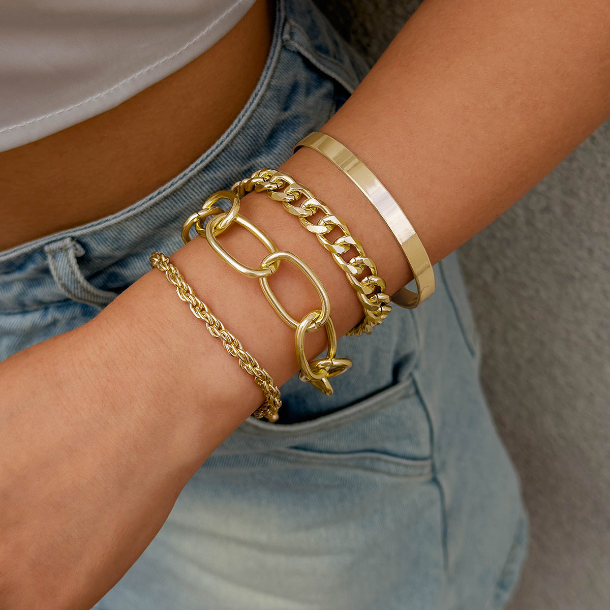 Vintage Geometric Open-Cuff Gold Bracelet Set