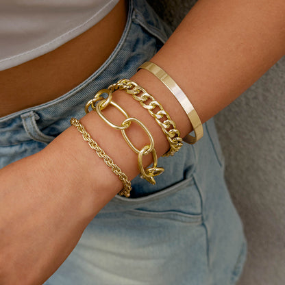 Vintage Geometric Open-Cuff Gold Bracelet Set