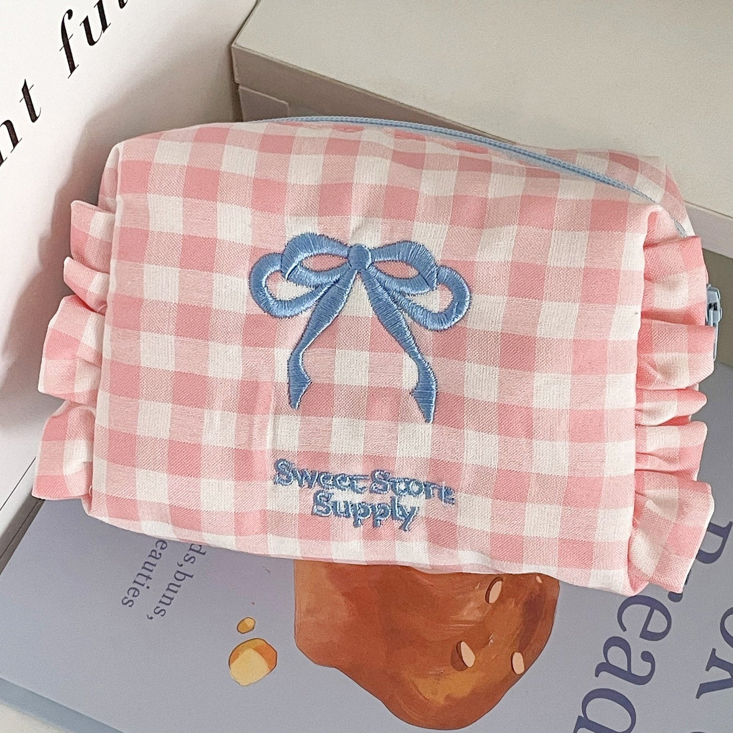 Cute Checkered Bow Coin Purse Portable Travel Bag