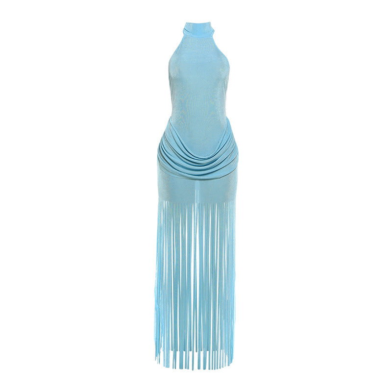 Sleeveless Backless Fringe Neck Halter Dress