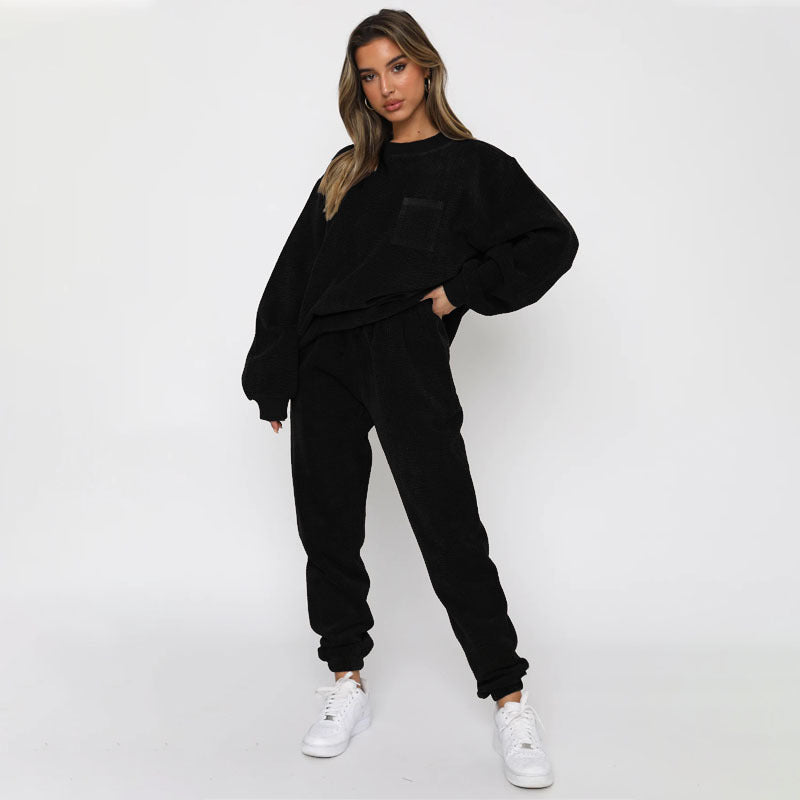Solid Color Corduroy Casual Pullover Set