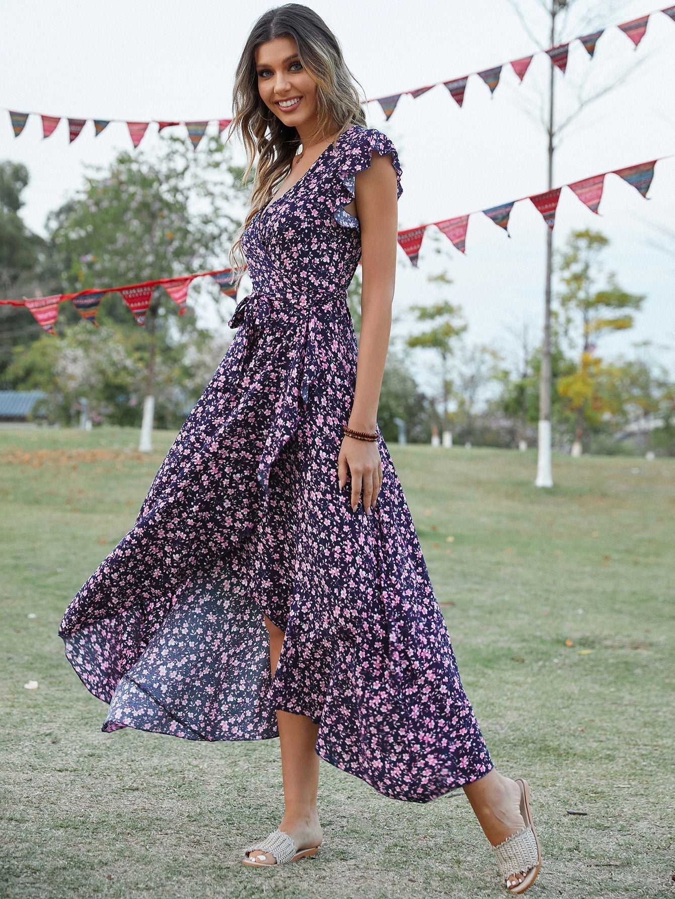 New Bohemian V-Neck Lace-Up Slim Fit Dress