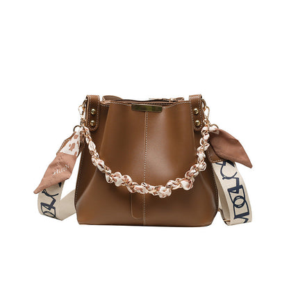 Trendy Candy Color Bucket Bag with Scarf Detailing