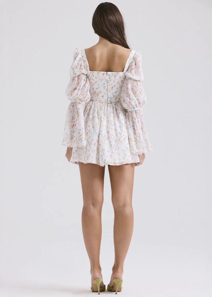 Floral Chiffon Mini Dress With Puff Sleeves