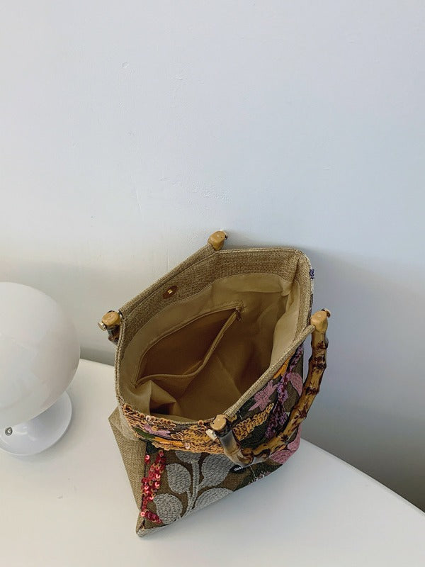 Embroidered Sequin Bamboo Tote Bag Stylish Evening Handbag