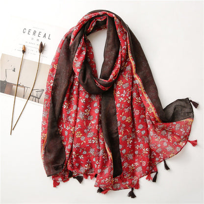 Women'S Cotton And Linen Feel Flower Scarf Spring, Summer And Autumn Shade Shawl Soft Temperament