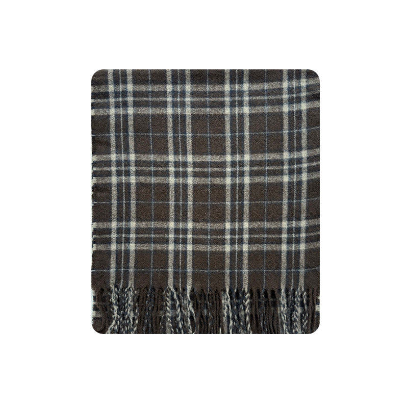 Brown Plaid Wool Blend Scarf with Fringes