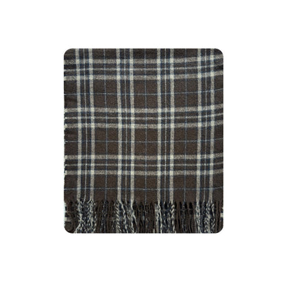 Brown Plaid Wool Blend Scarf with Fringes