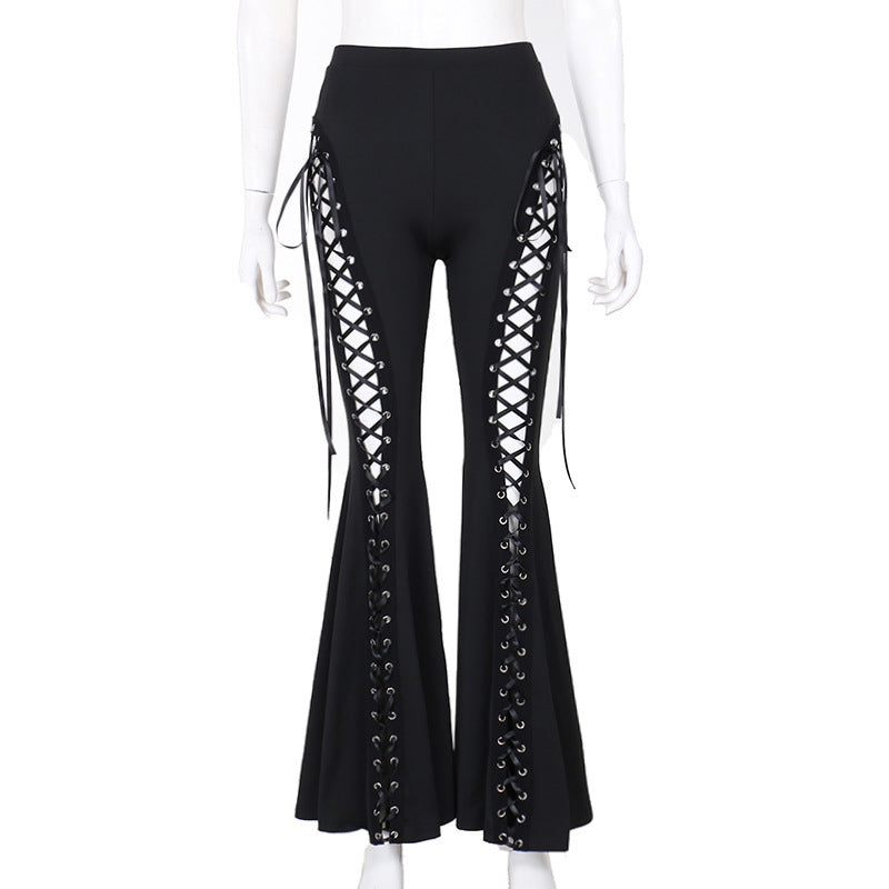 Black High-Waisted Eyelid Detail Flared Pants for Trendy Street Style