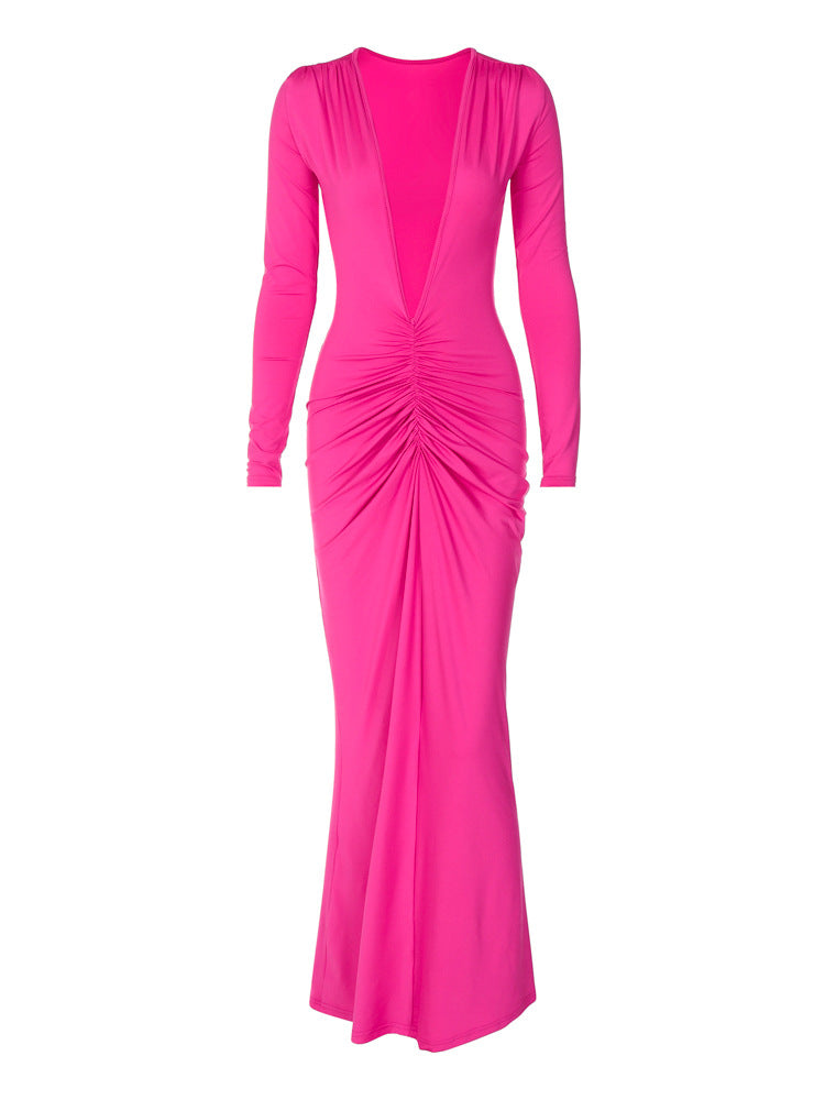 Sexy V-Neck Long Sleeve Ruched Dress Elegant Casual