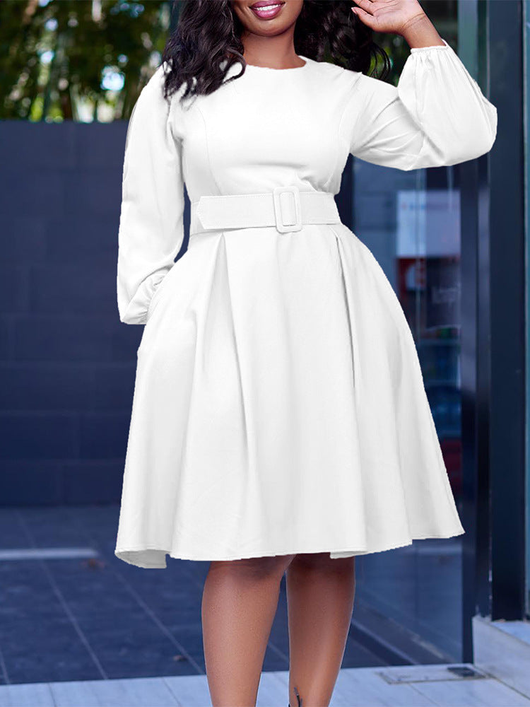 Elegant A-Line Dress With Belt For Women