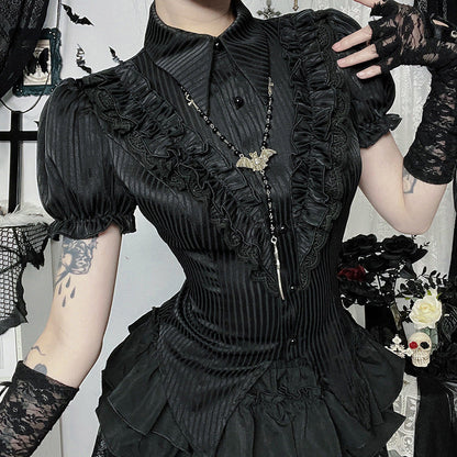 Stripe Satin Shirt with Lace Detailing for Trendy Style