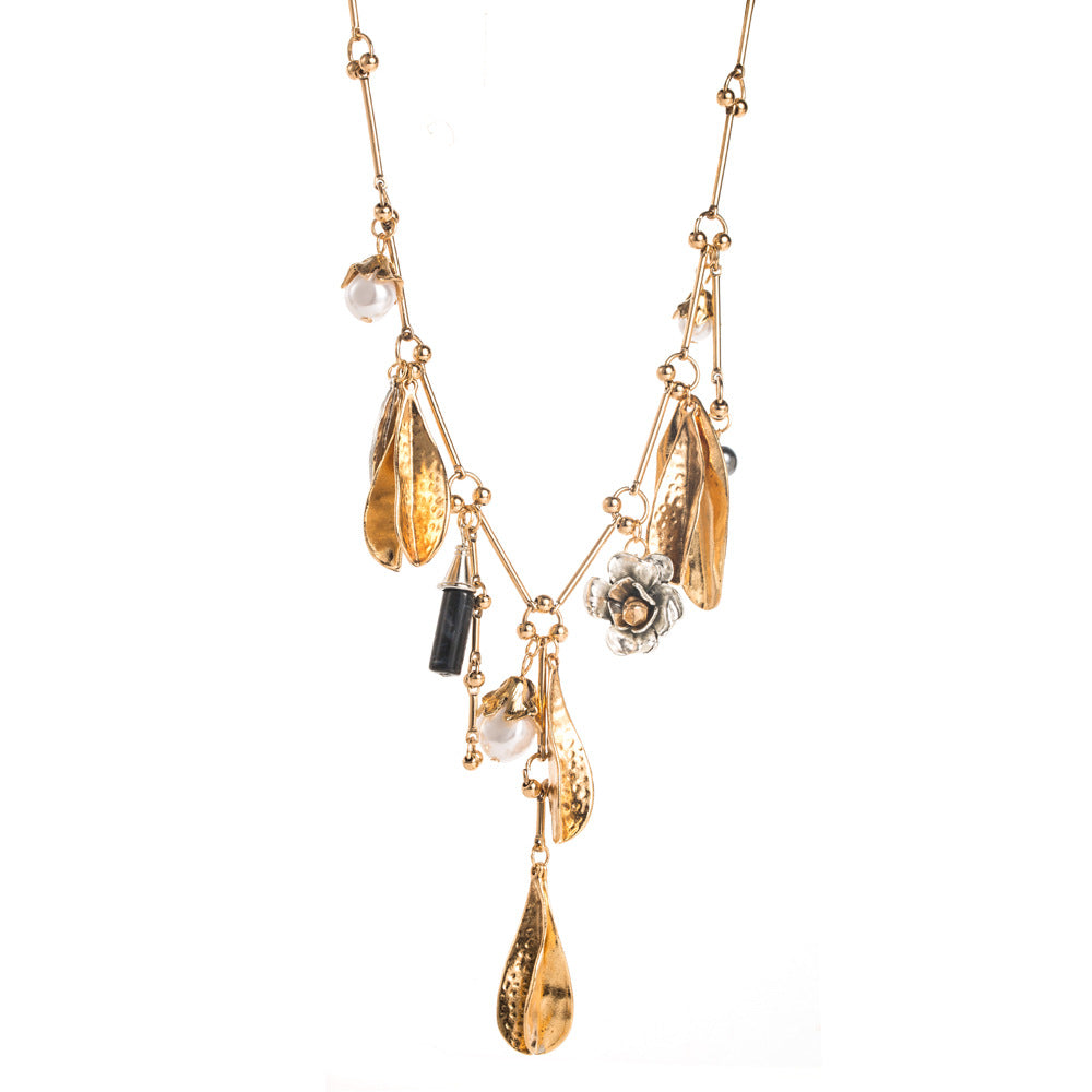Bold Pearl Leaf Alloy Necklace Trendy Flower Geometric Pendant