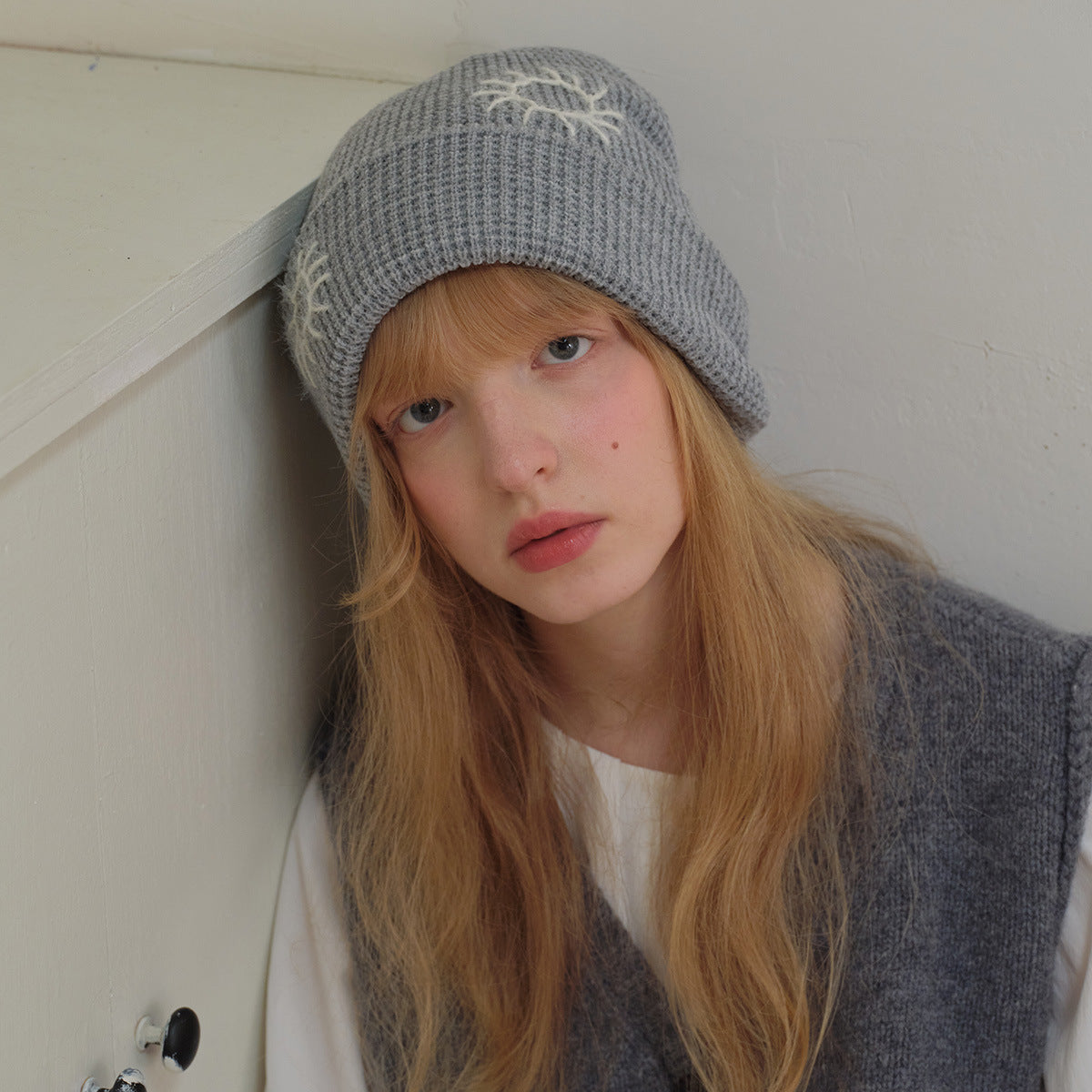 Handmade Embroidered Sunflower Wool Knit Beanie Cap