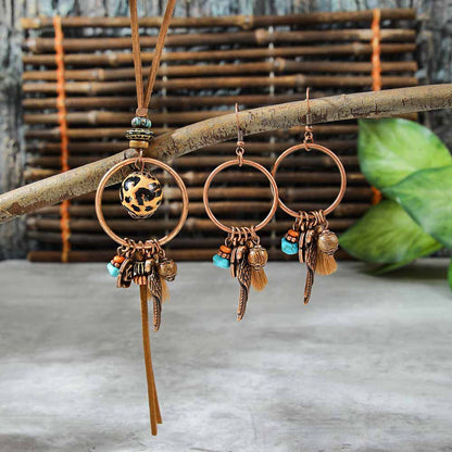 Bohemian Dreamcatcher Tassel Earrings and Wooden Necklace Set