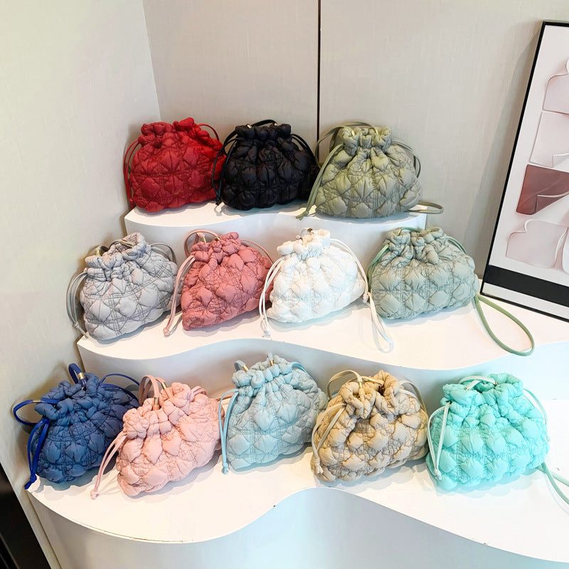 Ruffle Drawstring Bucket Bag Stylish Nylon Tote Bag