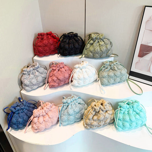 Ruffle Drawstring Bucket Bag Stylish Nylon Tote Bag