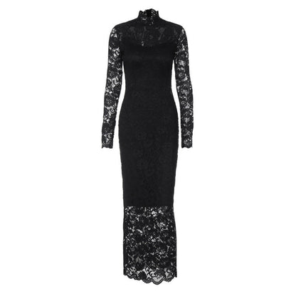 Elegant Black Lace Panel Bodycon Long Sleeve Dress