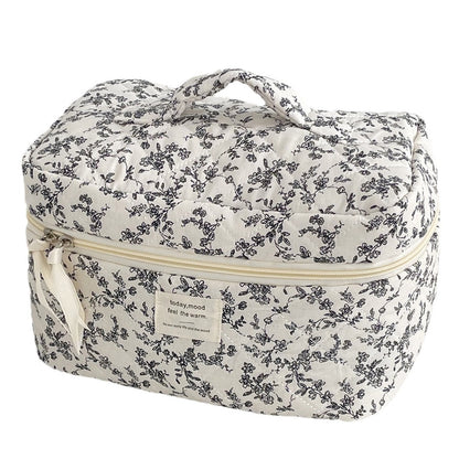 French Black And White Floral Makeup Bag Portable Travel Large Capacity Toiletry Organizer