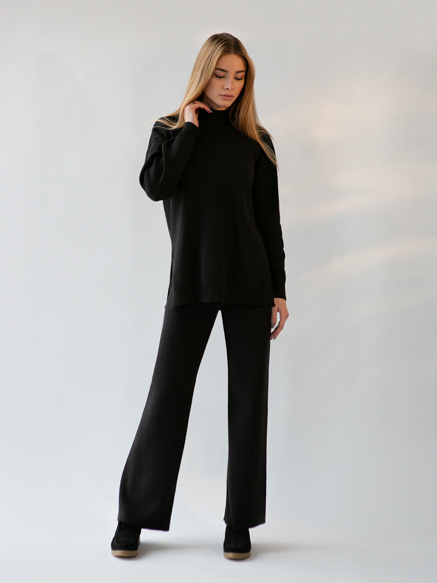 High Collar Side Split Knit Sets