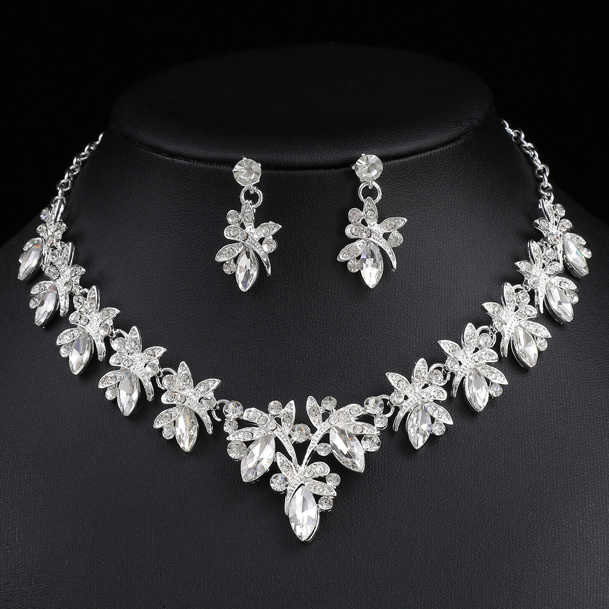 Dragonfly Jewelry Set - Alloy And Crystal Earrings And Necklace
