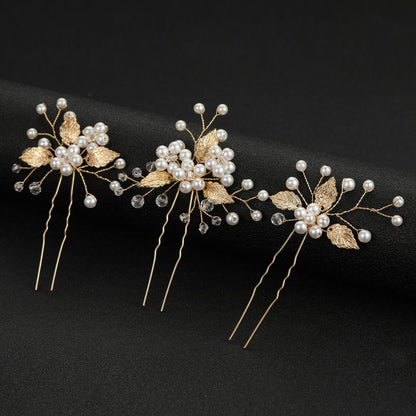 Gold And Silver Leaf Pearl U-Shaped Hairpins Set