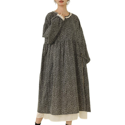 Floral Print Long Sleeve Cotton Linen Dress