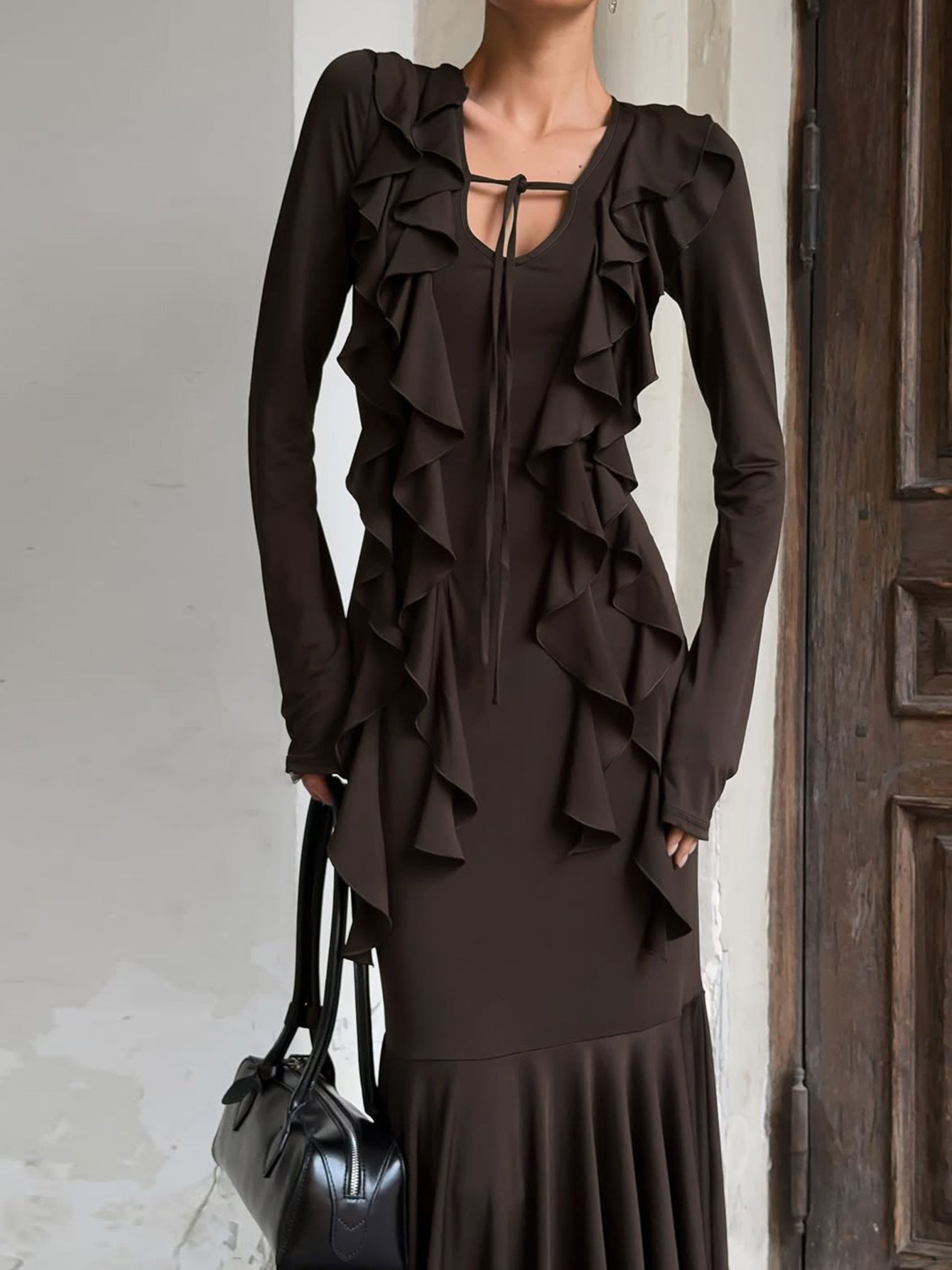 Fashion Ruffled Tie Waist Long Sleeve Dress in Coffee